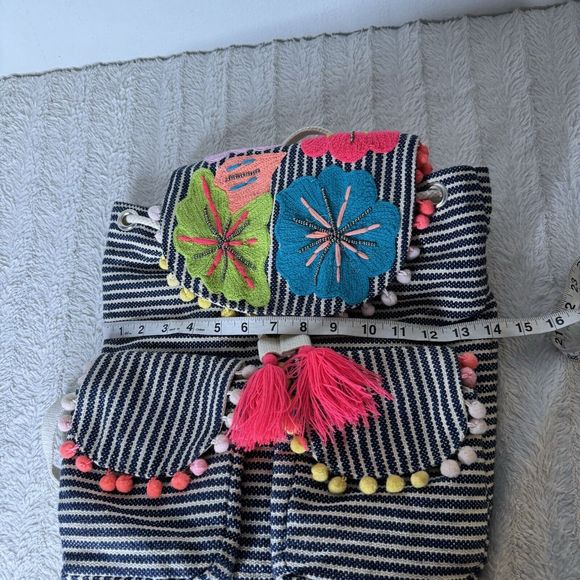 A&B America And Beyond Embroidered Floral Backpack Pom Poms Tassels Neon *Flaw - Picture 15 of 16